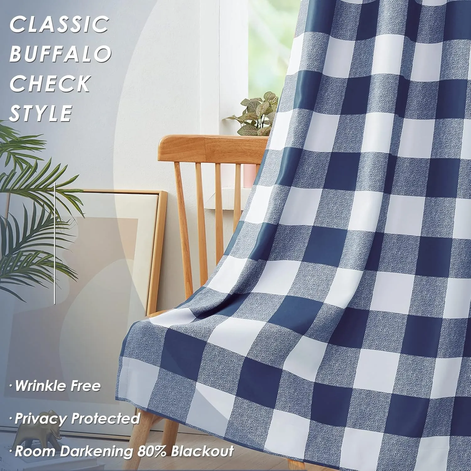 Melodieux Buffalo Check Plaid Blackout Curtains 84 Inches Long for Living Room, Bedroom Thermal Insulated Room Darkening Grommet Drapes, Blue, 50 x 84 Inch, 2 Panels