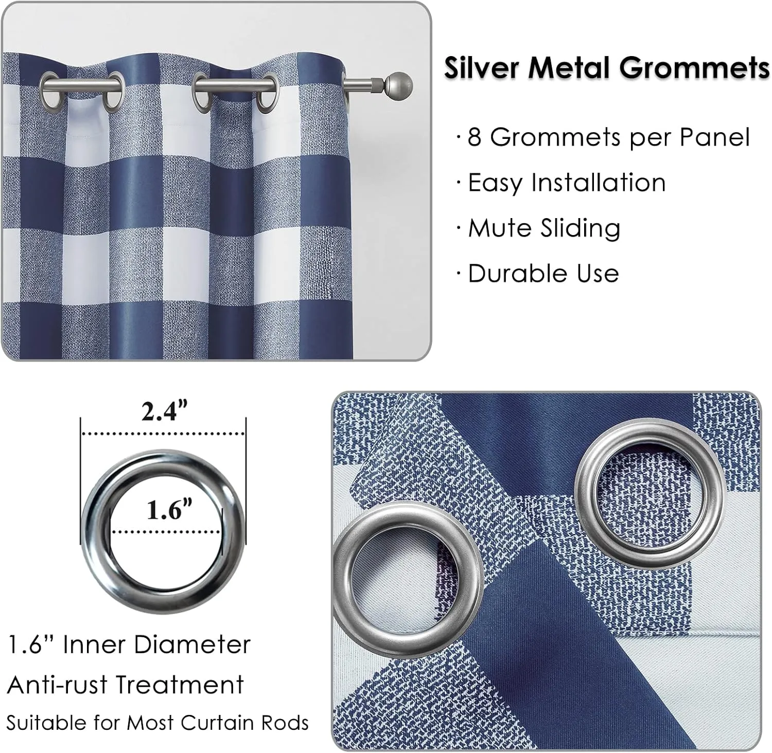 Melodieux Buffalo Check Plaid Blackout Curtains 84 Inches Long for Living Room, Bedroom Thermal Insulated Room Darkening Grommet Drapes, Blue, 50 x 84 Inch, 2 Panels