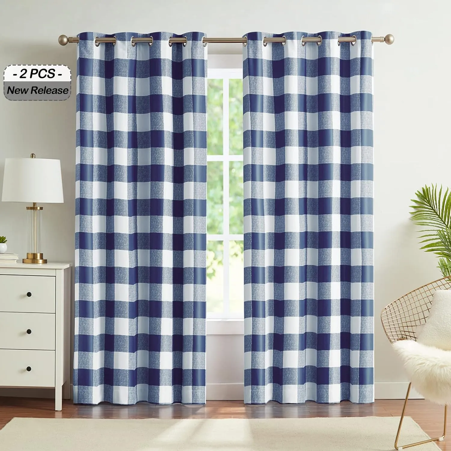 Melodieux Buffalo Check Plaid Blackout Curtains 84 Inches Long for Living Room, Bedroom Thermal Insulated Room Darkening Grommet Drapes, Blue, 50 x 84 Inch, 2 Panels