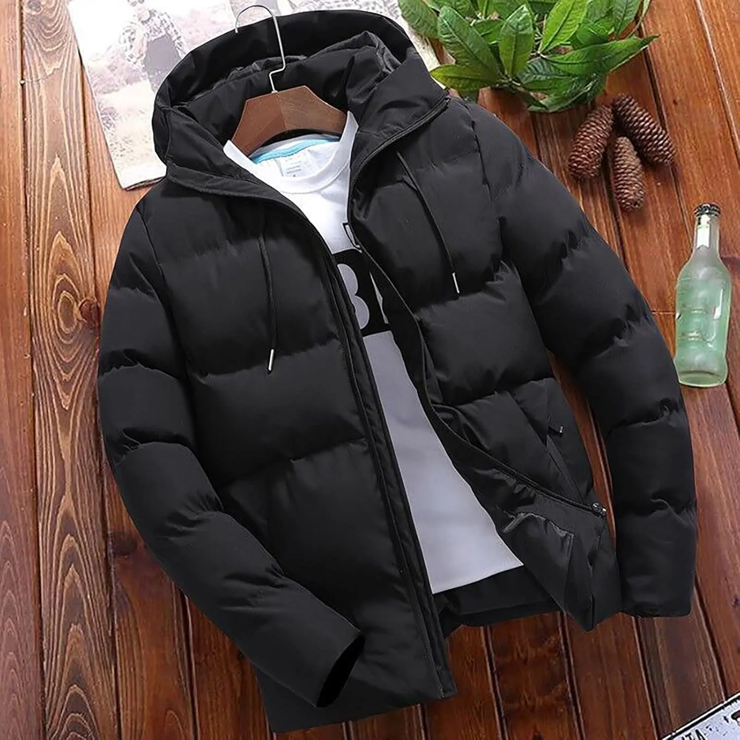 Men Puffer Jacket with Hood Lightweight Packable Quilted Hooded Bubble Down Jackets Winter Insulated Thick Outwear