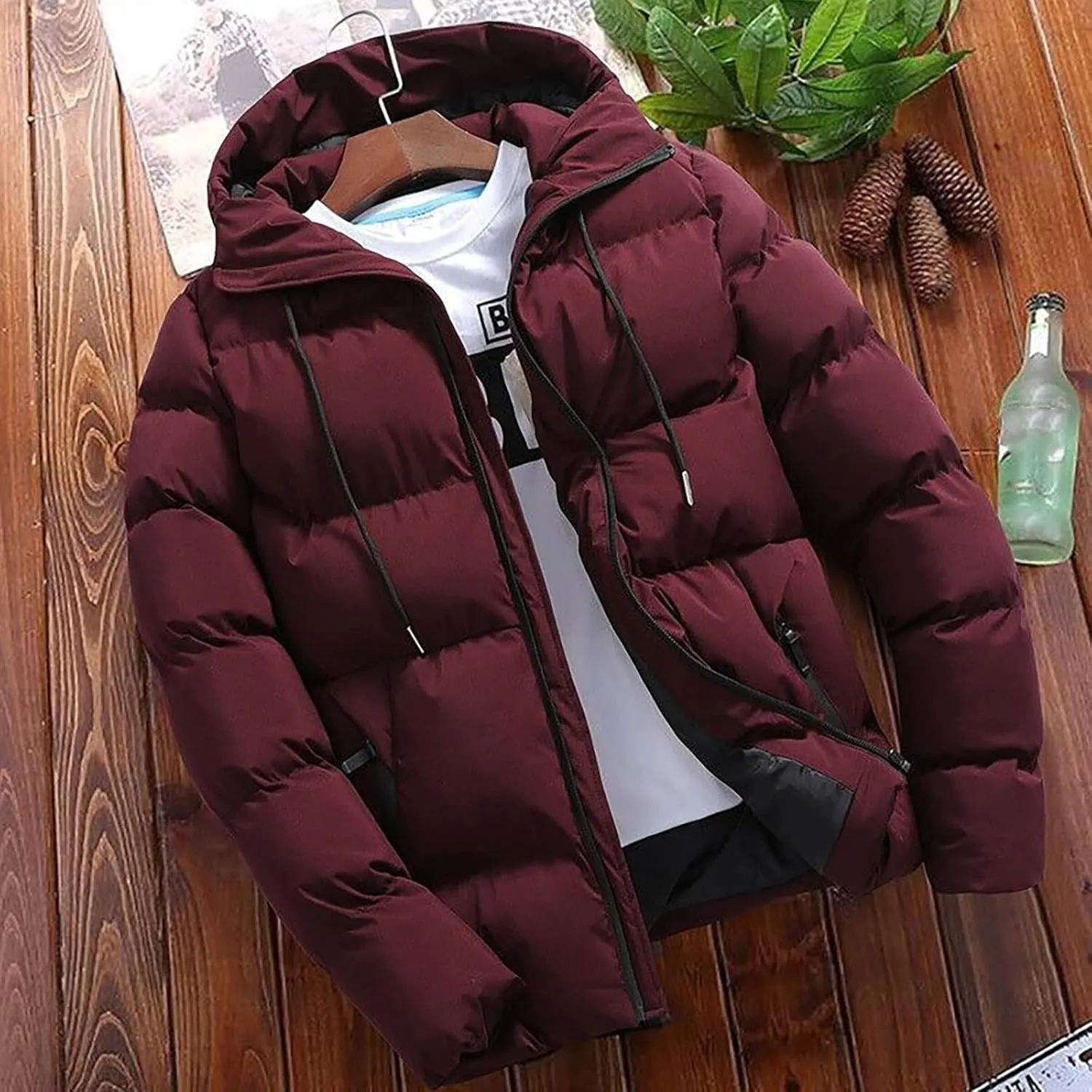 Men Puffer Jacket with Hood Lightweight Packable Quilted Hooded Bubble Down Jackets Winter Insulated Thick Outwear