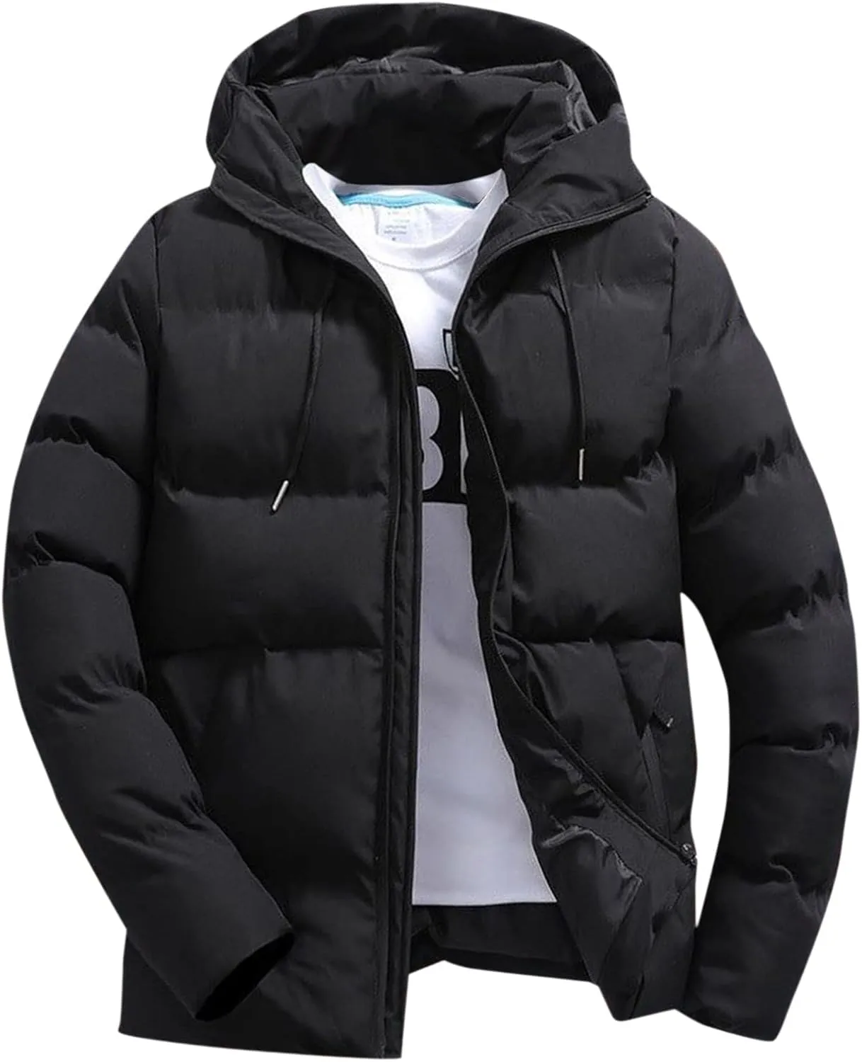 Men Puffer Jacket with Hood Lightweight Packable Quilted Hooded Bubble Down Jackets Winter Insulated Thick Outwear