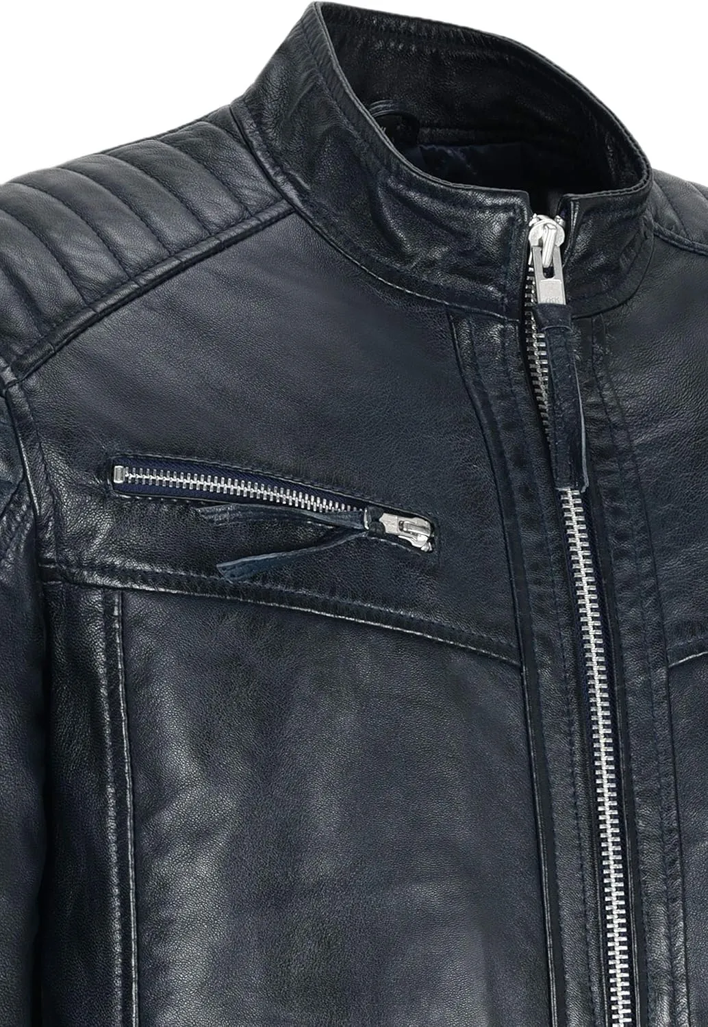 Mens Biker Leather Jacket Navy Quilted Shoulder Classic style Leather Jacket 2565