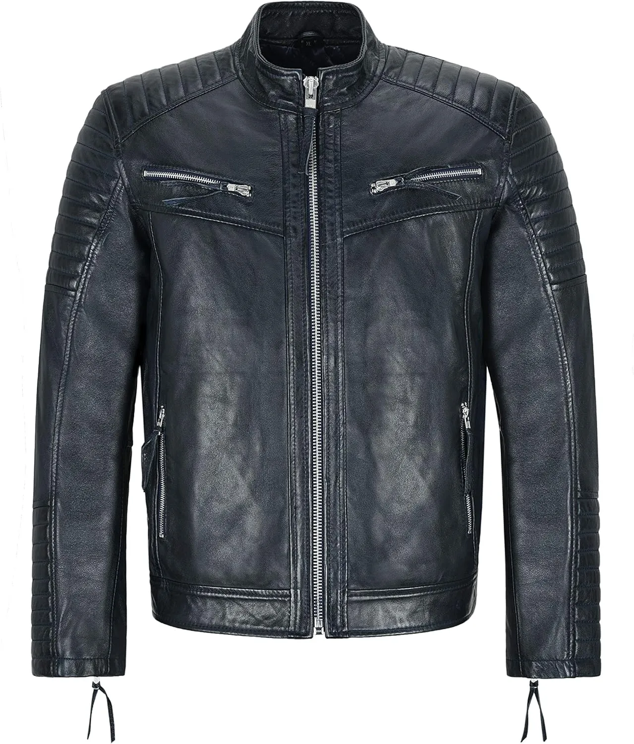 Mens Biker Leather Jacket Navy Quilted Shoulder Classic style Leather Jacket 2565
