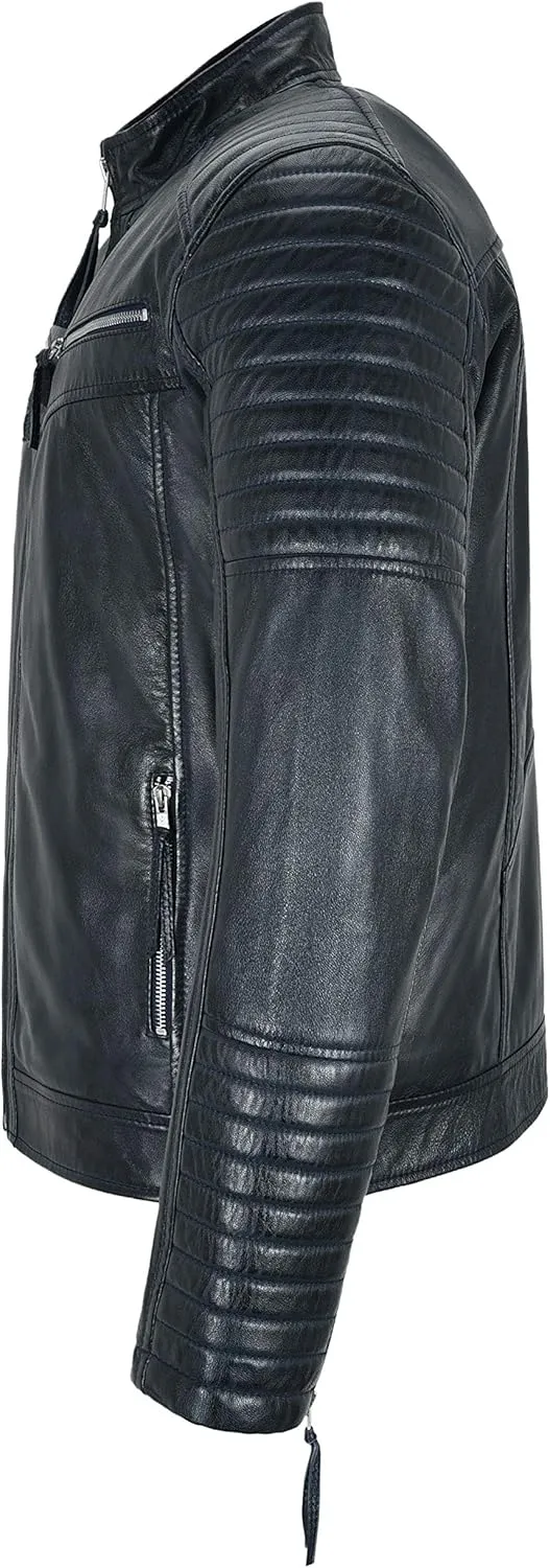 Mens Biker Leather Jacket Navy Quilted Shoulder Classic style Leather Jacket 2565