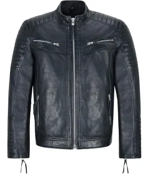 Mens Biker Leather Jacket Navy Quilted Shoulder Classic style Leather Jacket 2565