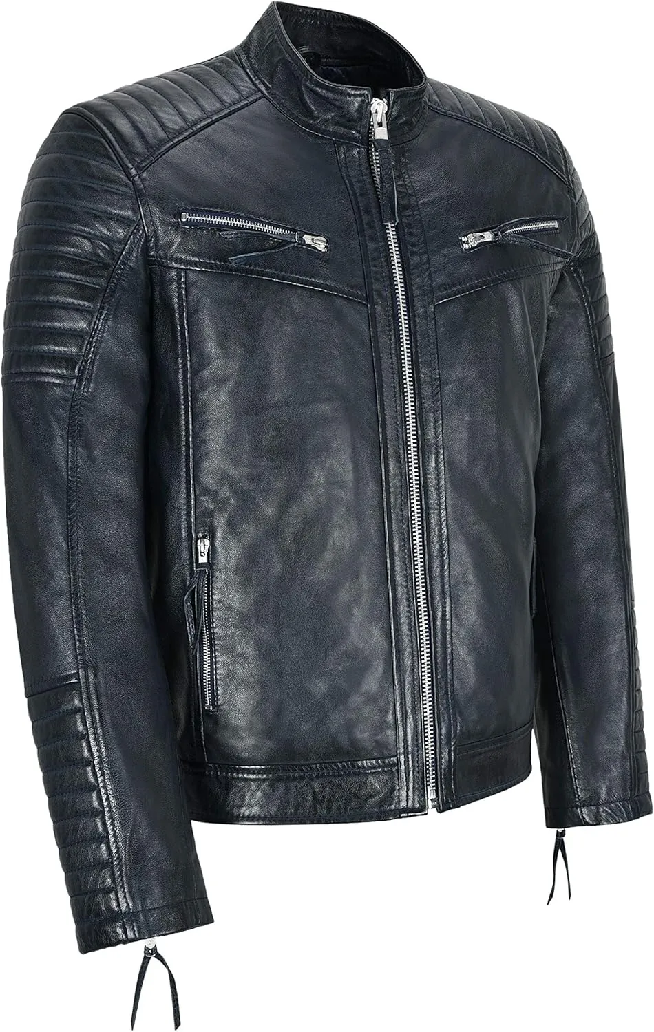Mens Biker Leather Jacket Navy Quilted Shoulder Classic style Leather Jacket 2565