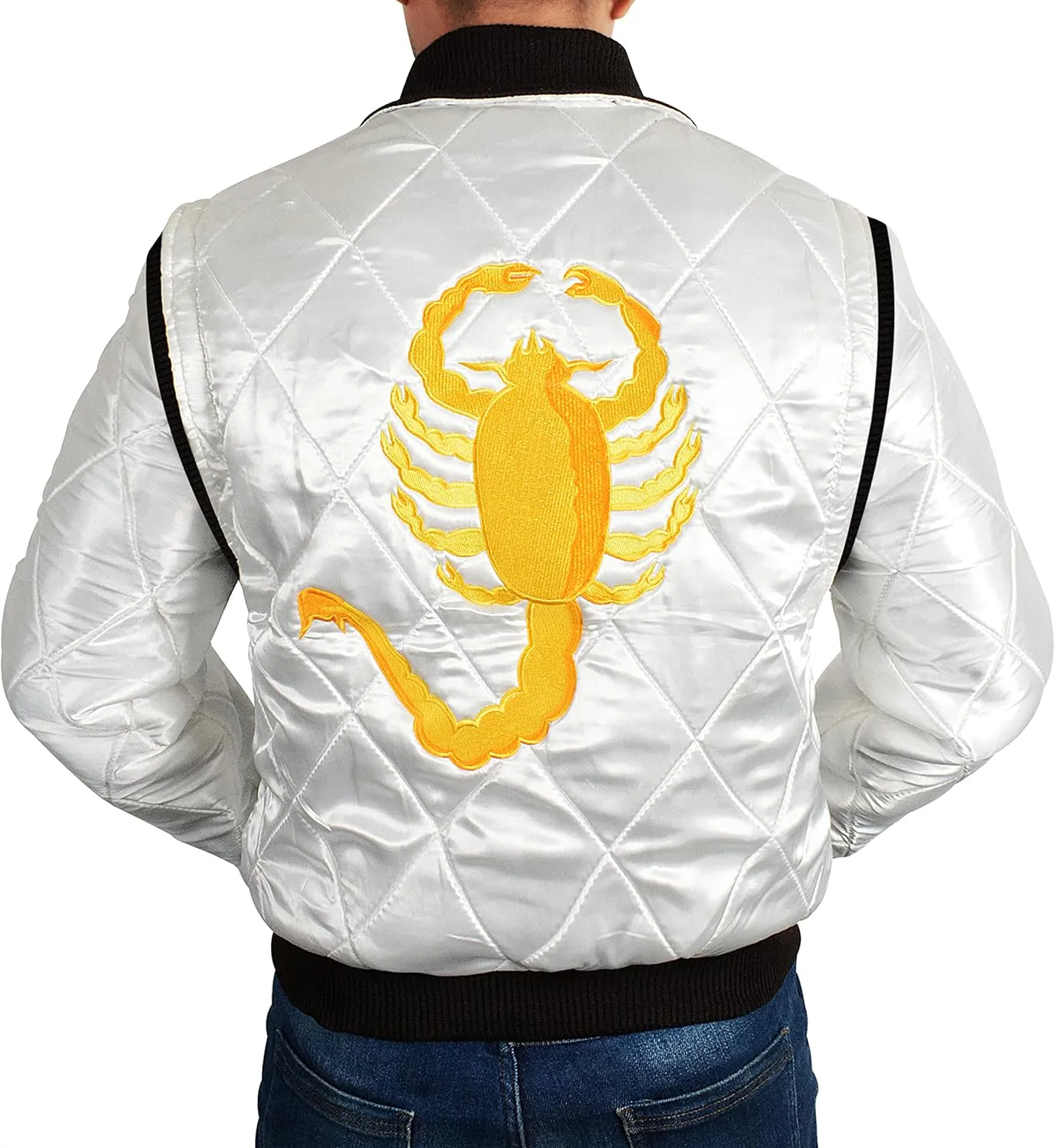 Men's Bomber Satin Fabric Quilted Golden Embroidery of Scorpio Jacket
