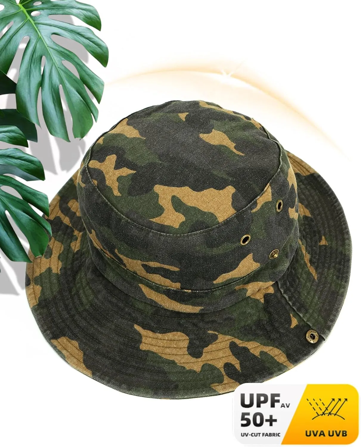 Men's Bucket Hat Camo Outdoor Sun Protection, Breathable Quick-Dry Fishing Gardening Hiking Hat ​,UPF50  Cotton Wide Brim​