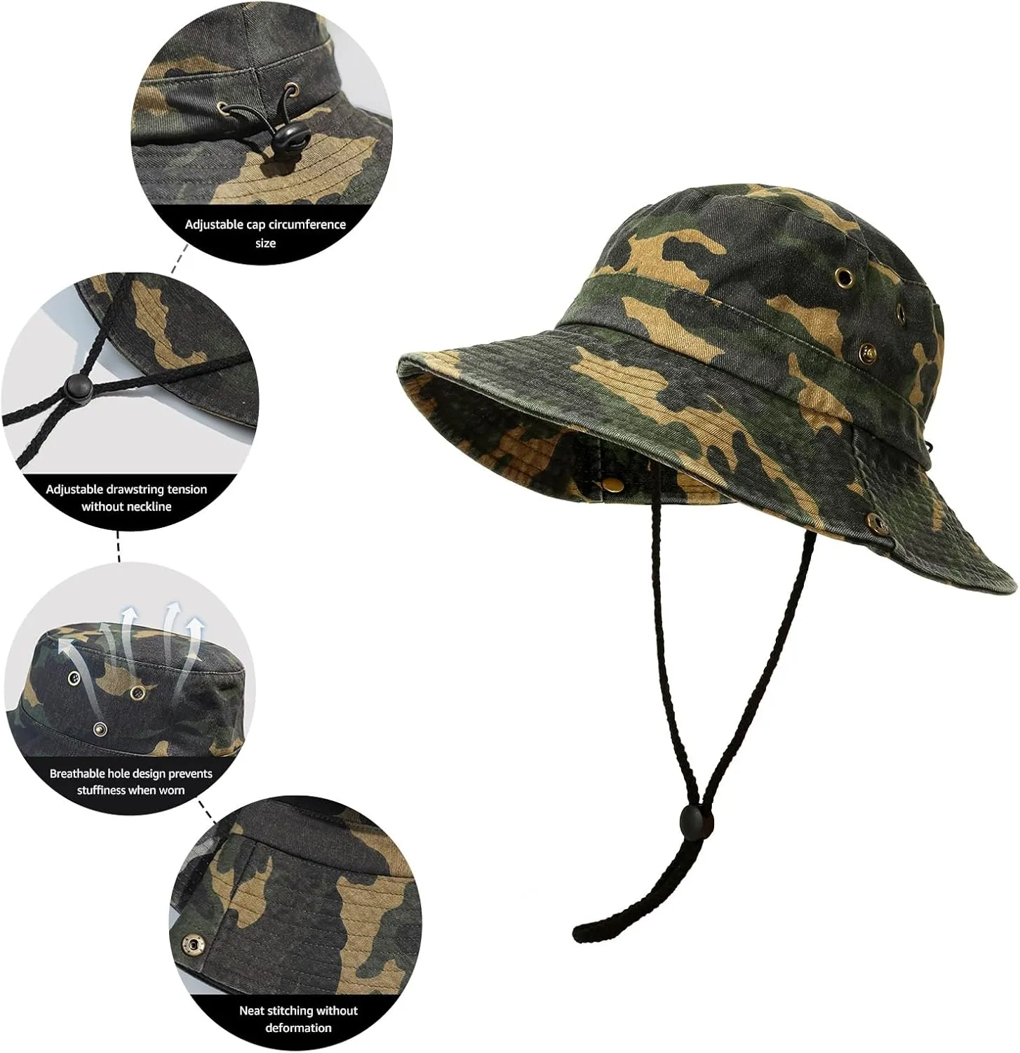 Men's Bucket Hat Camo Outdoor Sun Protection, Breathable Quick-Dry Fishing Gardening Hiking Hat ​,UPF50  Cotton Wide Brim​