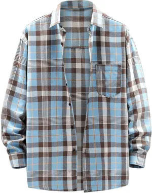 Men's Cotton Plaid Shirts Jacket Fleece Lightweight Breathable Long Sleeve Lapel Formal Shirt Plaid Flannel Shirts