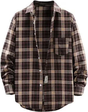 Men's Cotton Plaid Shirts Jacket Fleece Lightweight Breathable Long Sleeve Lapel Formal Shirt Plaid Flannel Shirts
