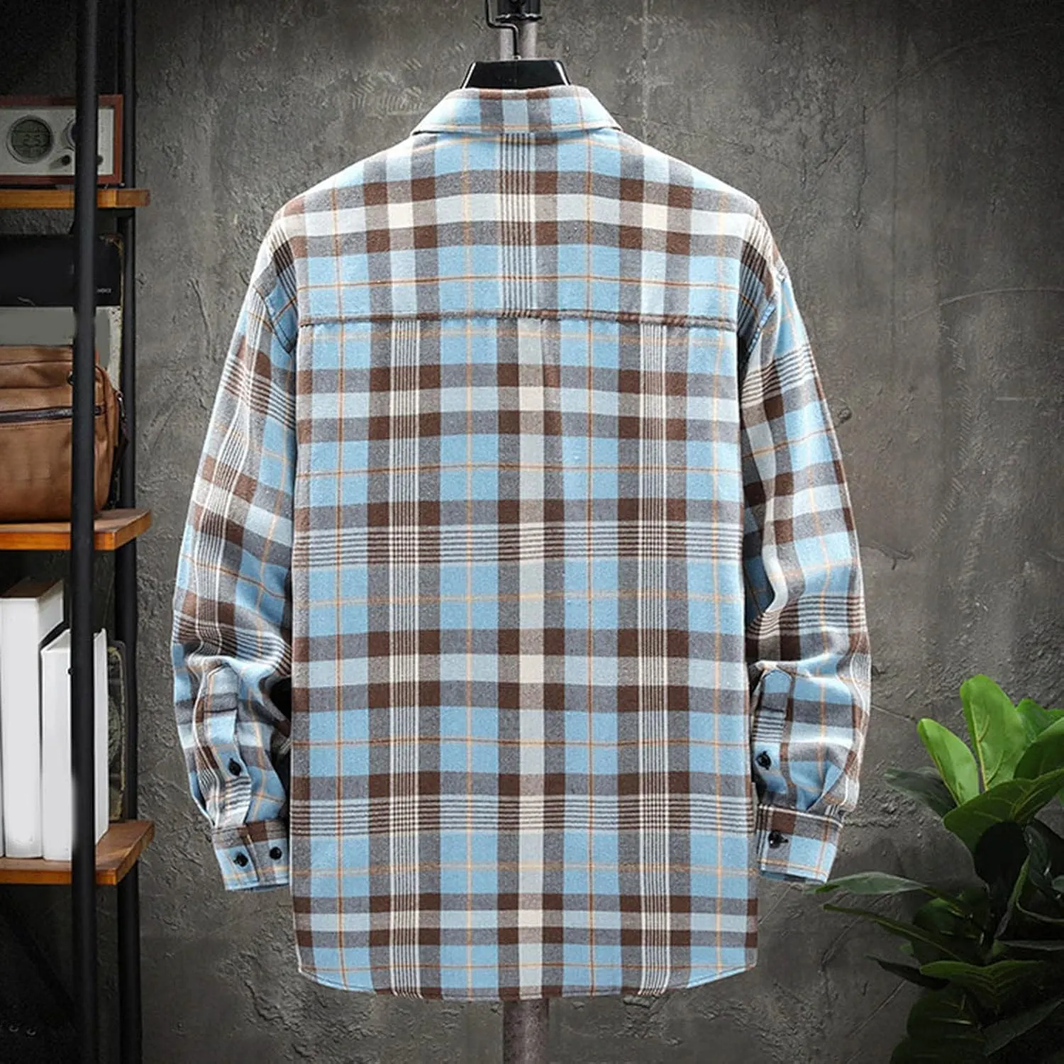 Men's Cotton Plaid Shirts Jacket Fleece Lightweight Breathable Long Sleeve Lapel Formal Shirt Plaid Flannel Shirts