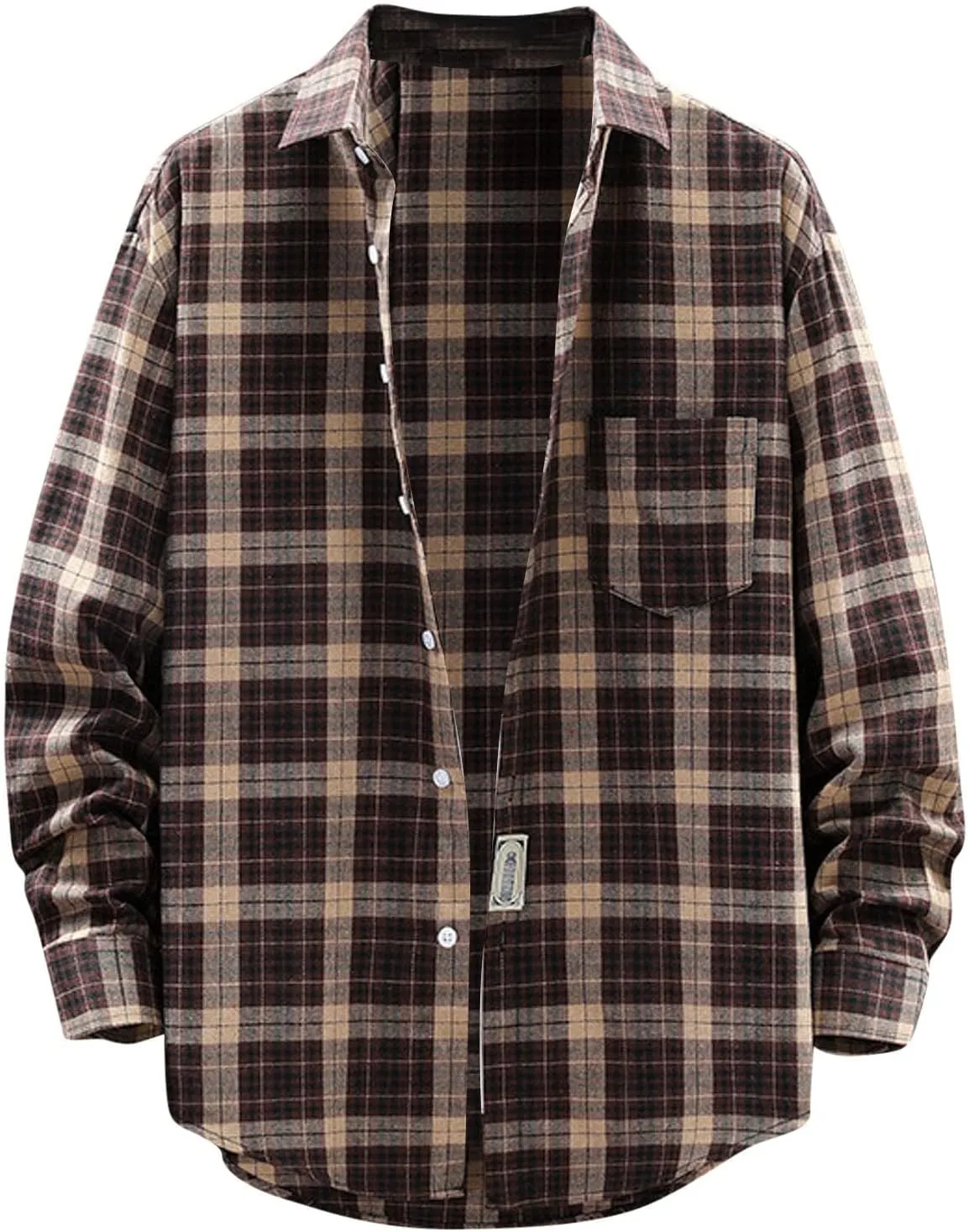 Men's Cotton Plaid Shirts Jacket Fleece Lightweight Breathable Long Sleeve Lapel Formal Shirt Plaid Flannel Shirts