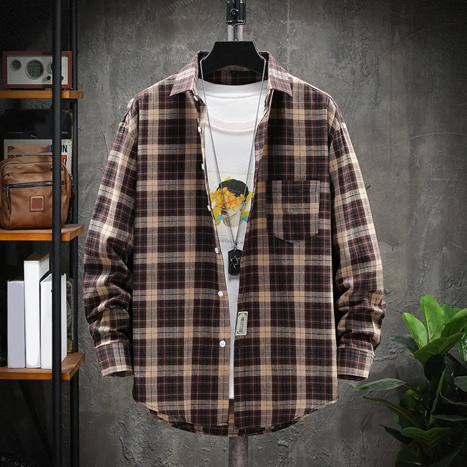 Men's Cotton Plaid Shirts Jacket Fleece Lightweight Breathable Long Sleeve Lapel Formal Shirt Plaid Flannel Shirts