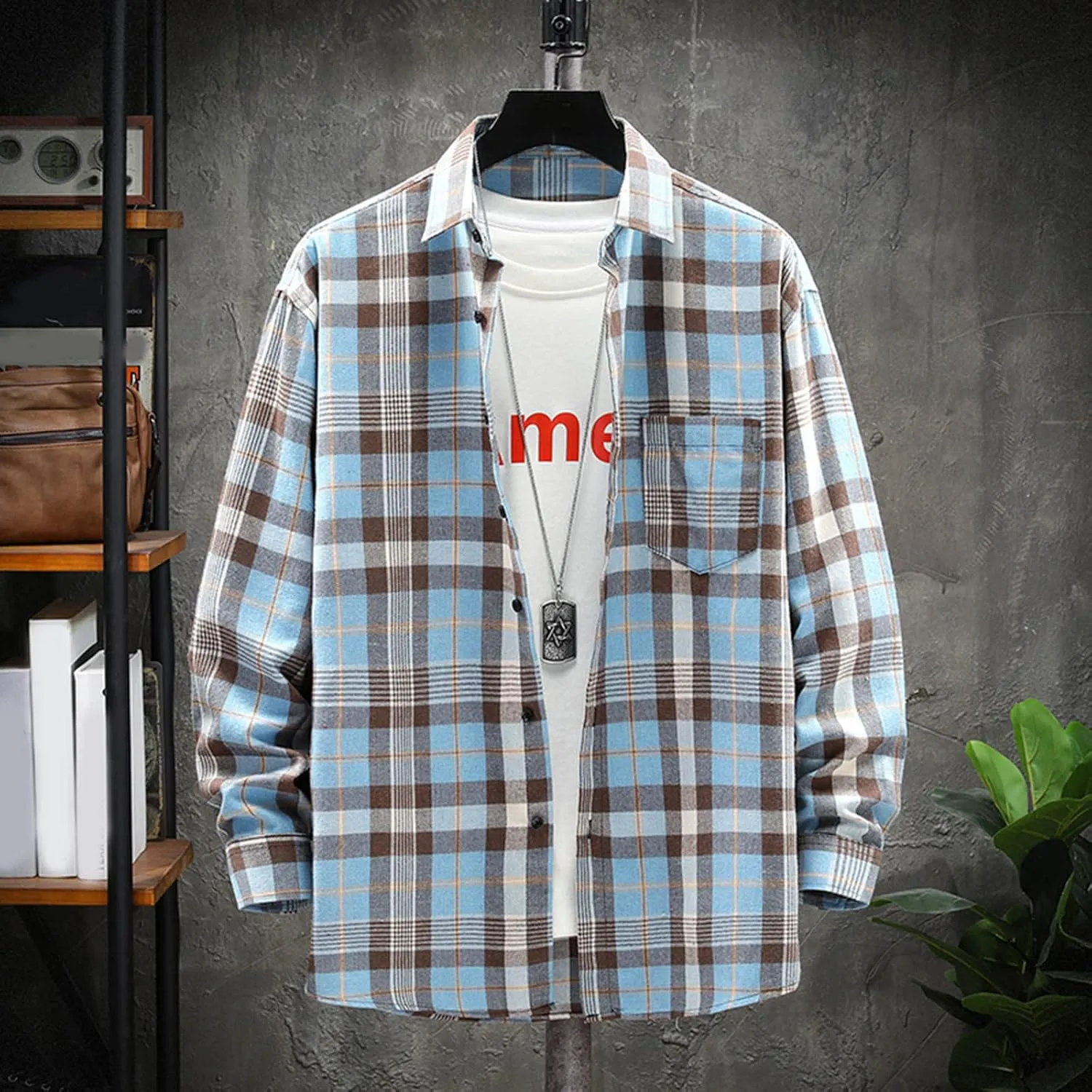 Men's Cotton Plaid Shirts Jacket Fleece Lightweight Breathable Long Sleeve Lapel Formal Shirt Plaid Flannel Shirts