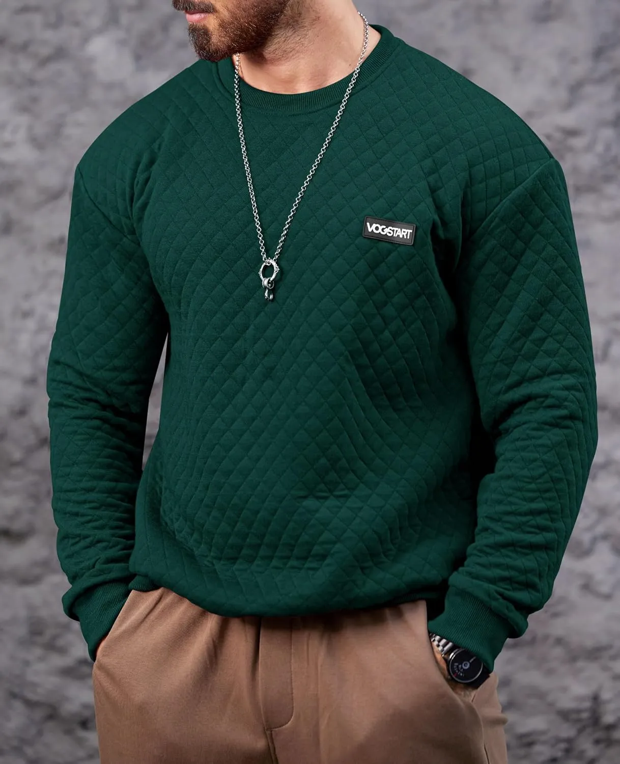 Mens Crewneck Sweatshirt Quilted Geometric Texture Long Sleeve Casual Soild Color Pullover (S-XXL)