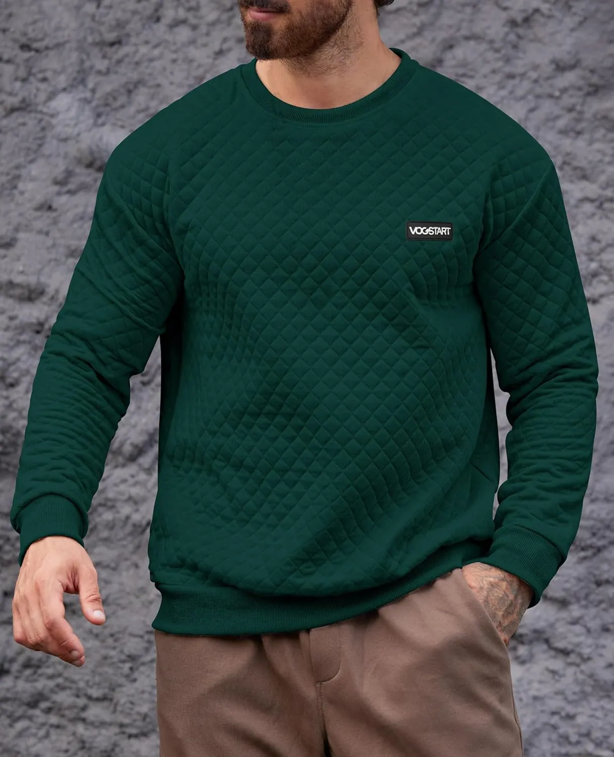 Mens Crewneck Sweatshirt Quilted Geometric Texture Long Sleeve Casual Soild Color Pullover (S-XXL)
