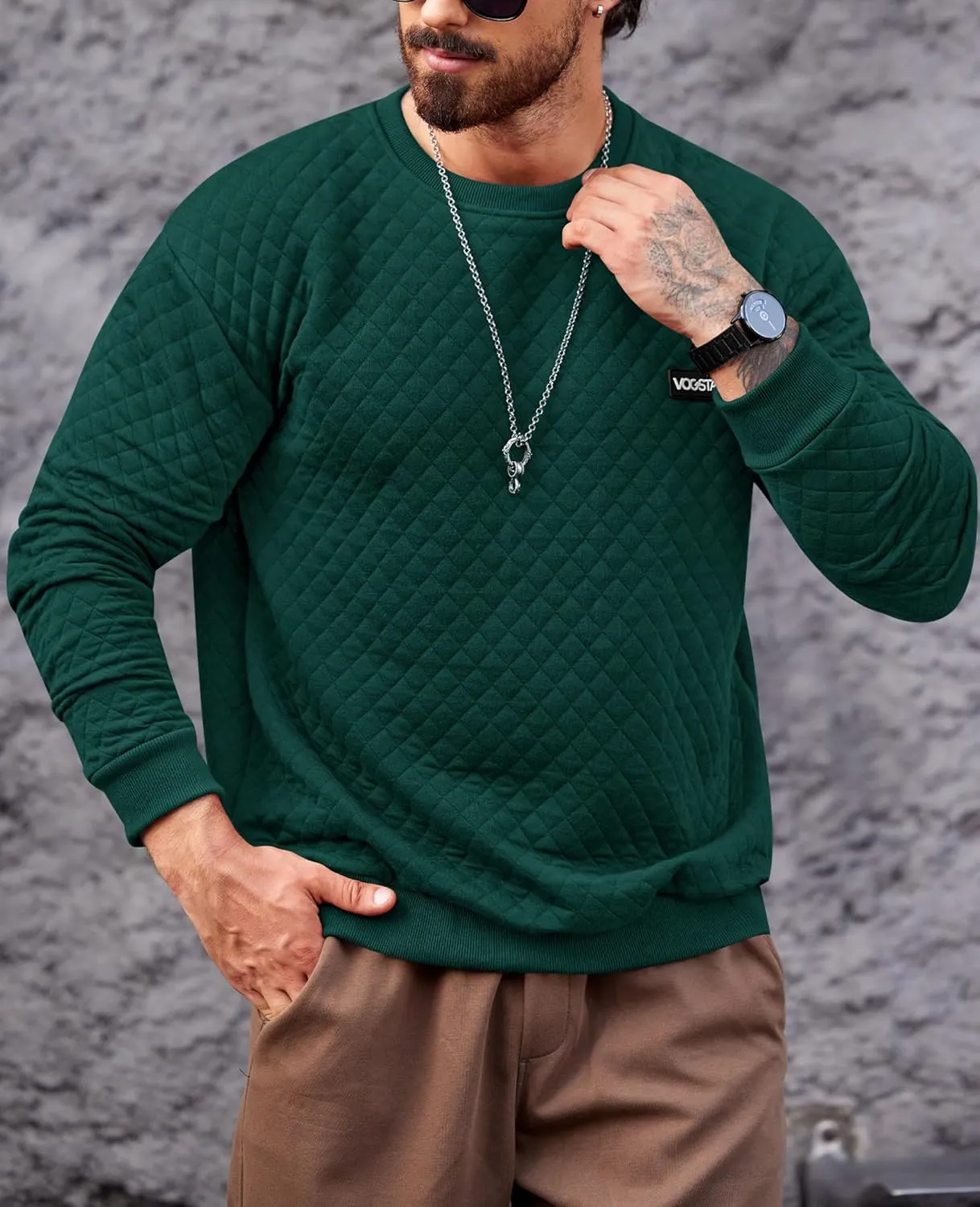 Mens Crewneck Sweatshirt Quilted Geometric Texture Long Sleeve Casual Soild Color Pullover (S-XXL)