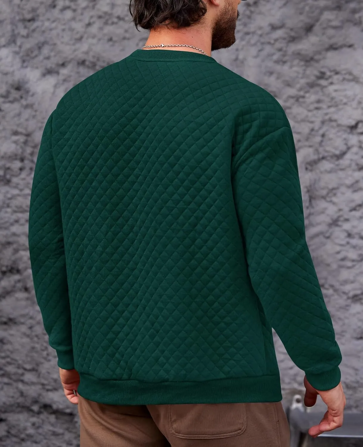 Mens Crewneck Sweatshirt Quilted Geometric Texture Long Sleeve Casual Soild Color Pullover (S-XXL)