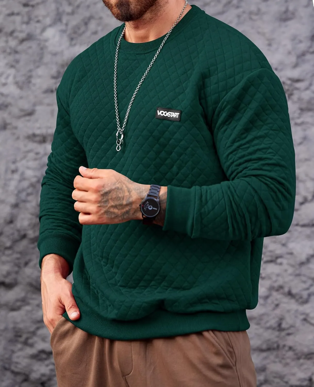 Mens Crewneck Sweatshirt Quilted Geometric Texture Long Sleeve Casual Soild Color Pullover (S-XXL)