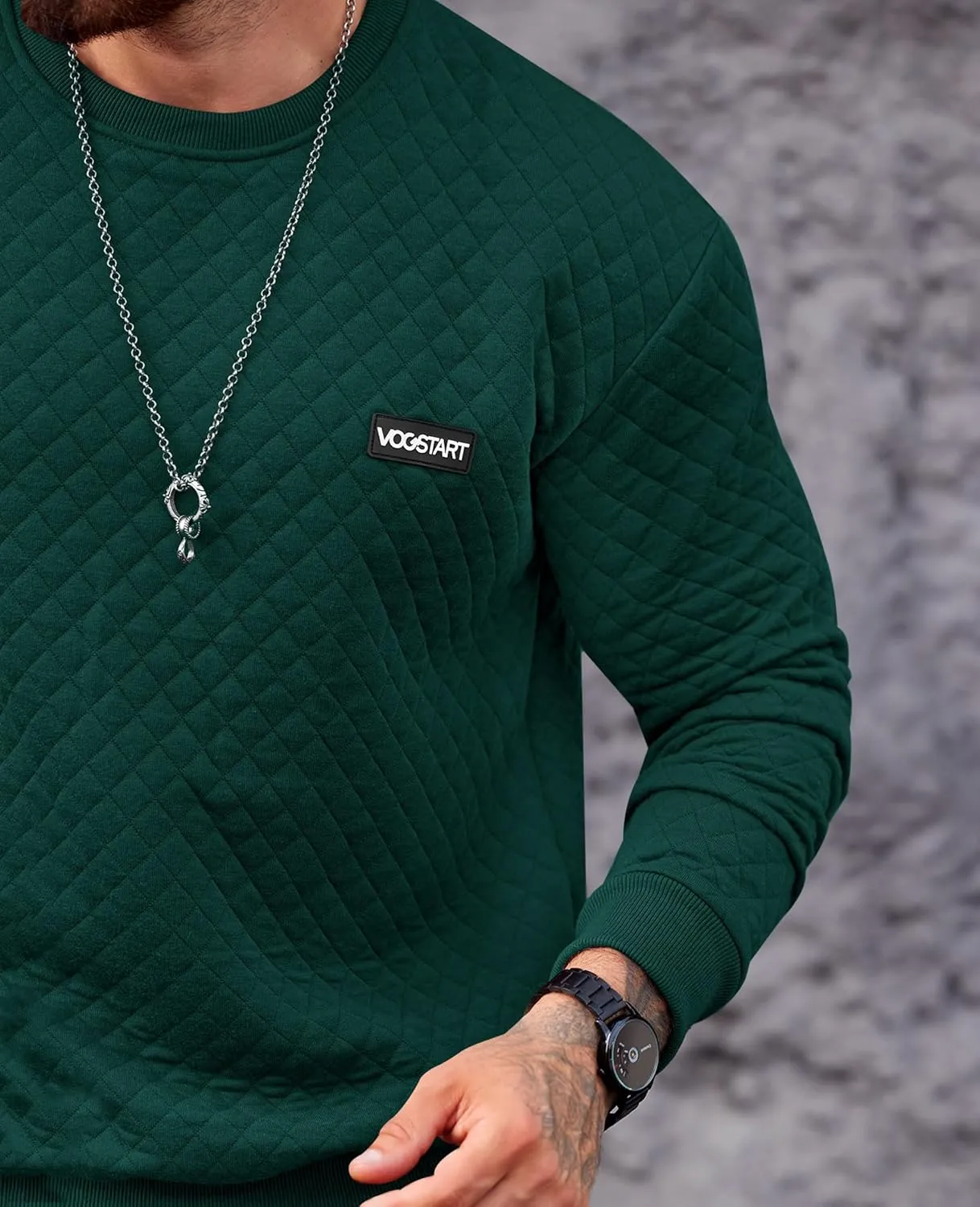 Mens Crewneck Sweatshirt Quilted Geometric Texture Long Sleeve Casual Soild Color Pullover (S-XXL)
