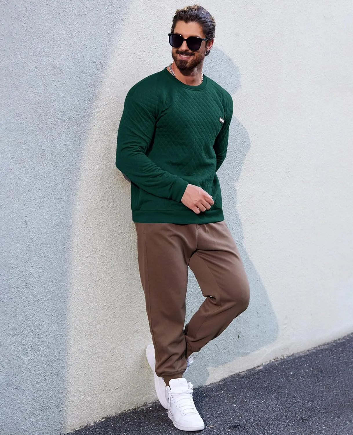 Mens Crewneck Sweatshirt Quilted Geometric Texture Long Sleeve Casual Soild Color Pullover (S-XXL)