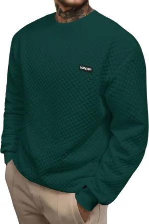 Mens Crewneck Sweatshirt Quilted Geometric Texture Long Sleeve Casual Soild Color Pullover (S-XXL)