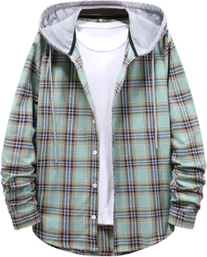 Men's Hooded Shirts Jackets Flannel Collar Long Sleeve Shirt Blouse Quilted Lined Flannel Shirt Jacket for Men Fall
