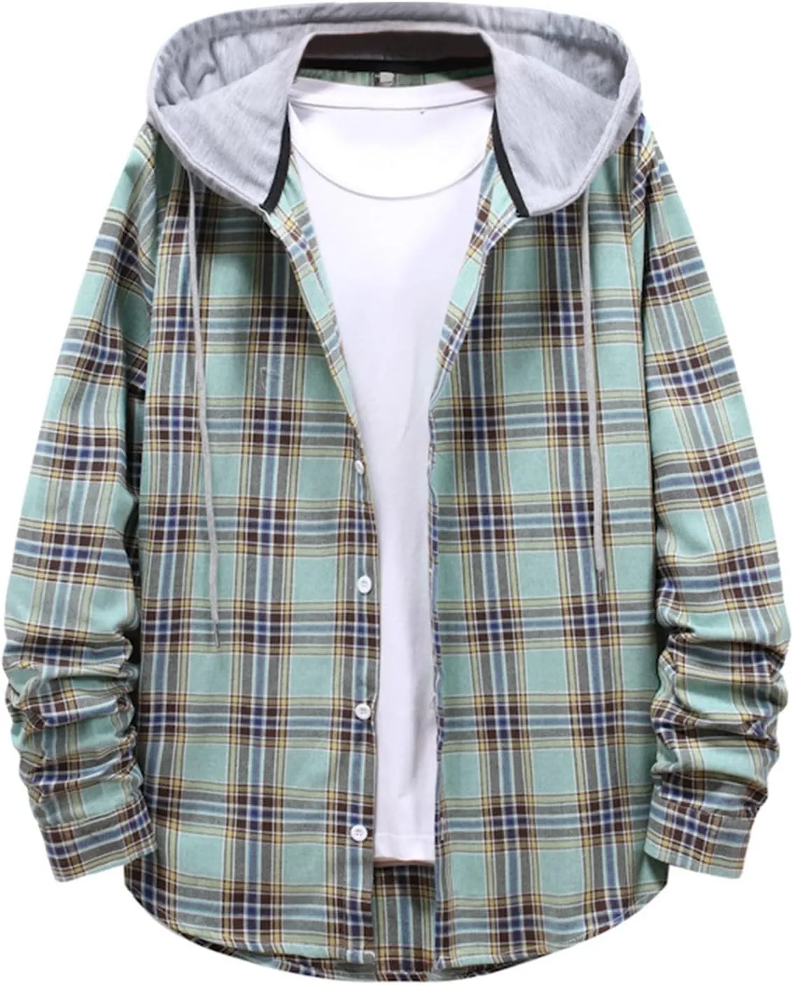 Men's Hooded Shirts Jackets Flannel Collar Long Sleeve Shirt Blouse Quilted Lined Flannel Shirt Jacket for Men Fall