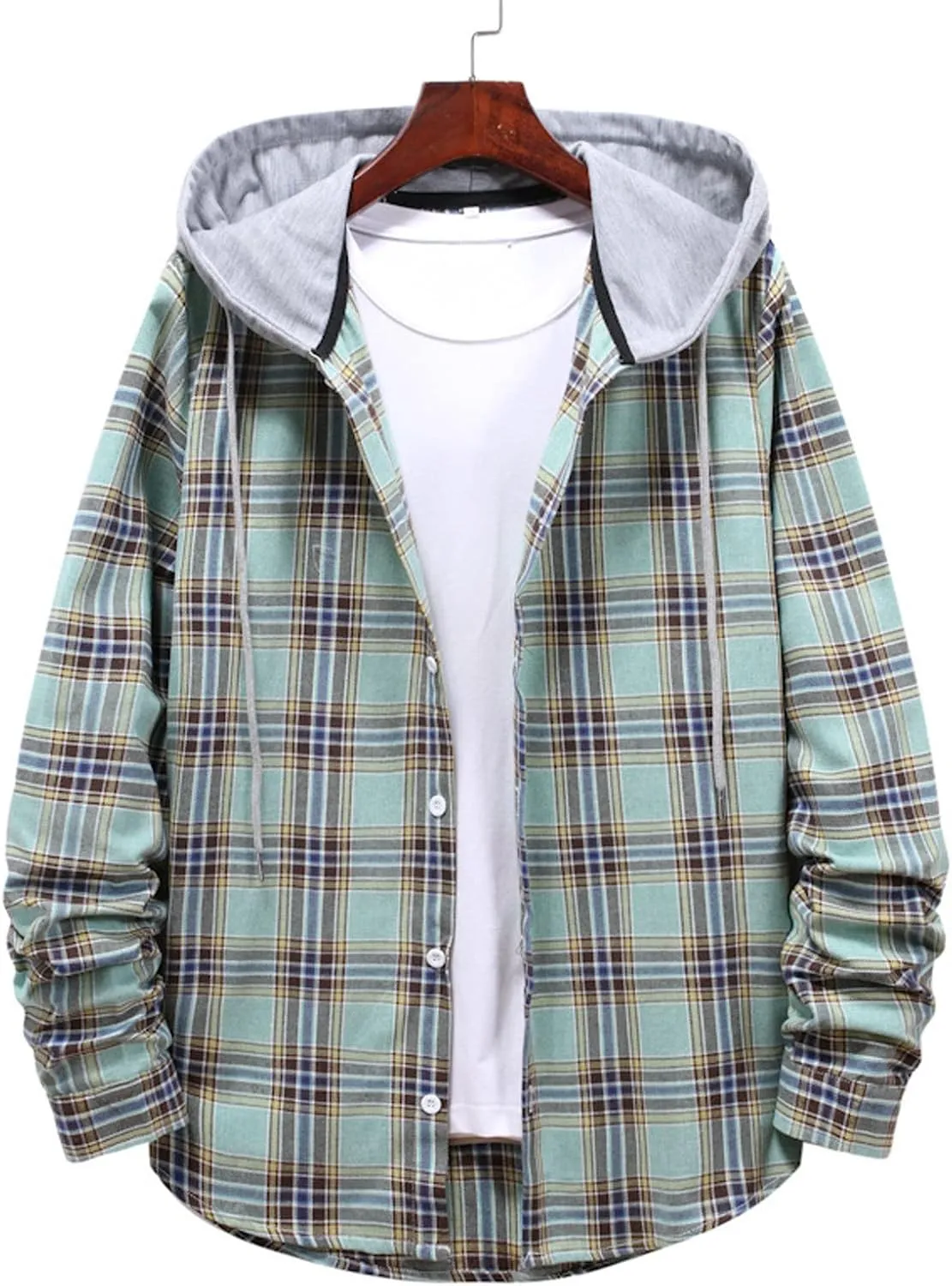 Men's Hooded Shirts Jackets Flannel Collar Long Sleeve Shirt Blouse Quilted Lined Flannel Shirt Jacket for Men Fall