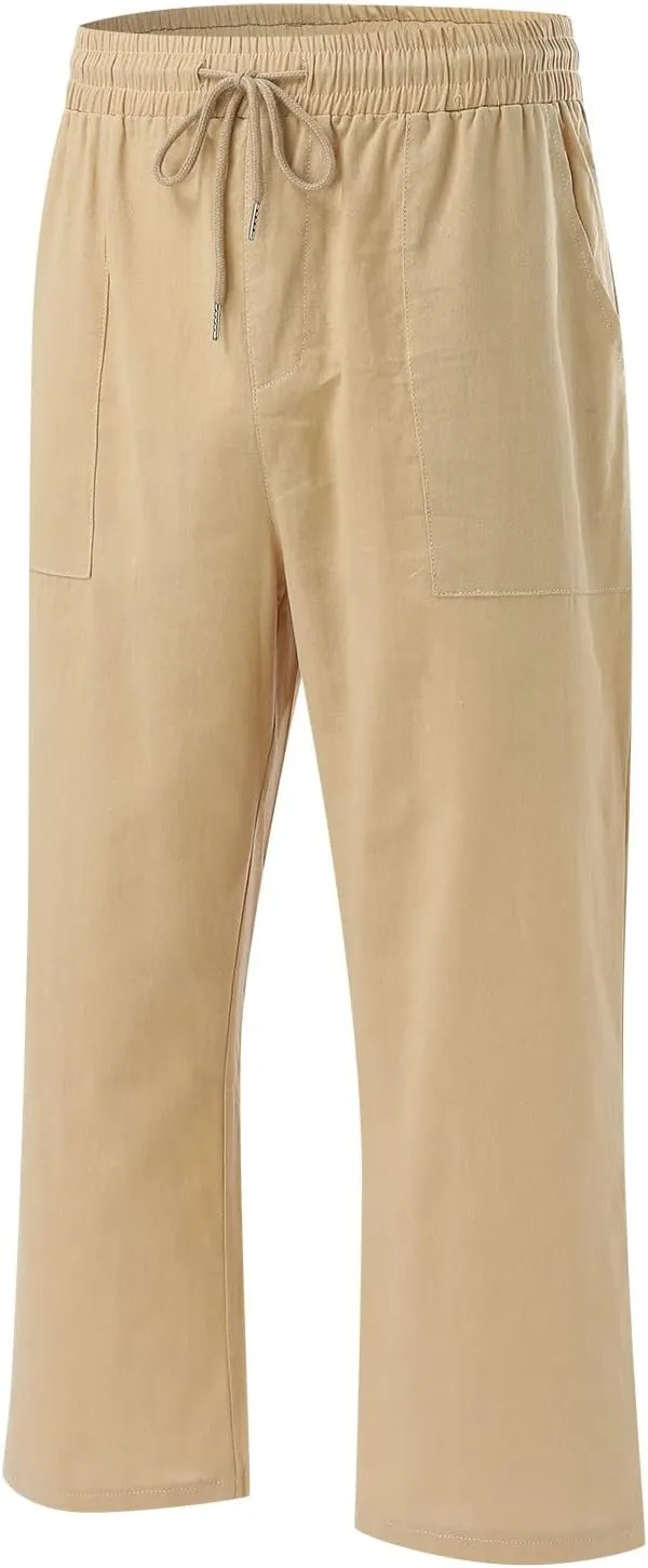 Mens Linen Capri Pants Casual Lightweight Baggy 3/4 Pants Drawstring Elastic Waist Cropped Trousers Beach Yoga Shorts Pockets