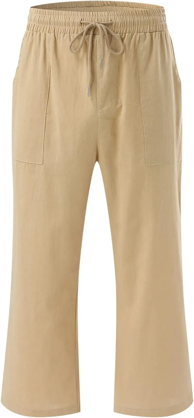 Mens Linen Capri Pants Casual Lightweight Baggy 3/4 Pants Drawstring Elastic Waist Cropped Trousers Beach Yoga Shorts Pockets