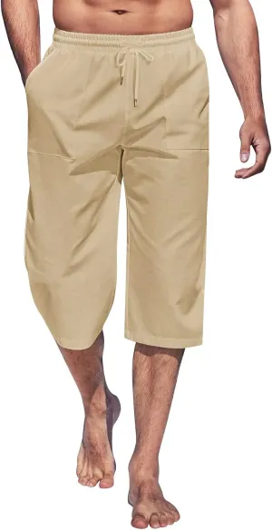 Mens Linen Capri Pants Casual Lightweight Baggy 3/4 Pants Drawstring Elastic Waist Cropped Trousers Beach Yoga Shorts Pockets