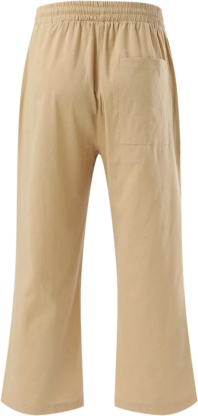Mens Linen Capri Pants Casual Lightweight Baggy 3/4 Pants Drawstring Elastic Waist Cropped Trousers Beach Yoga Shorts Pockets