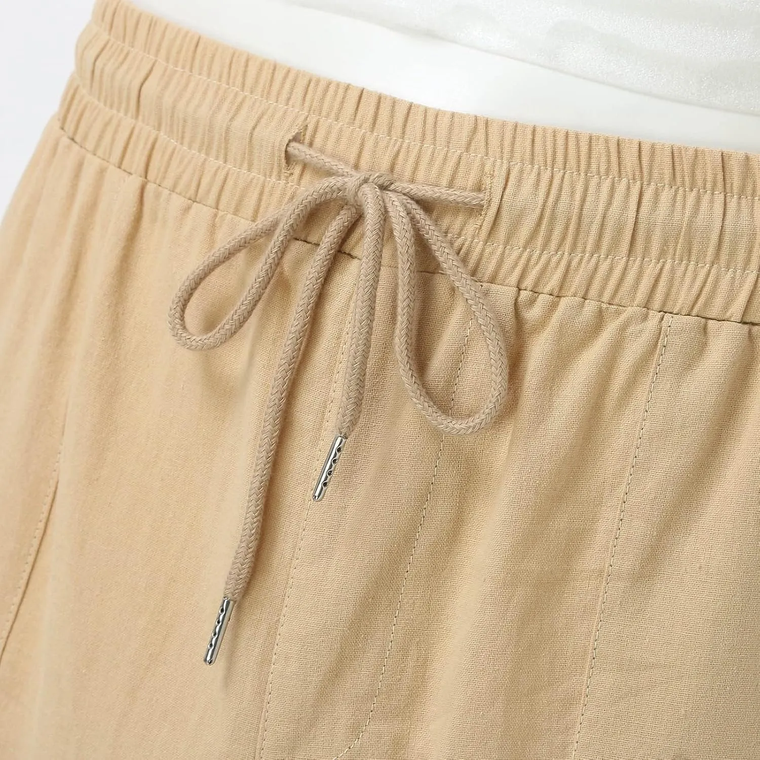 Mens Linen Capri Pants Casual Lightweight Baggy 3/4 Pants Drawstring Elastic Waist Cropped Trousers Beach Yoga Shorts Pockets
