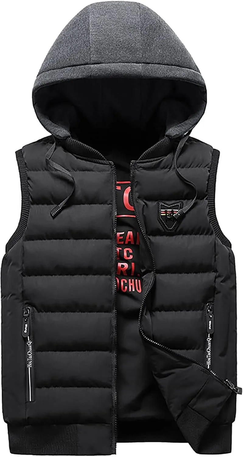 Men's Quilted Winter Vest,Plus Size Hooded Vest Outwear Slim Lightweight Warm Zipper Sleeveless Jacket Coats Pocket