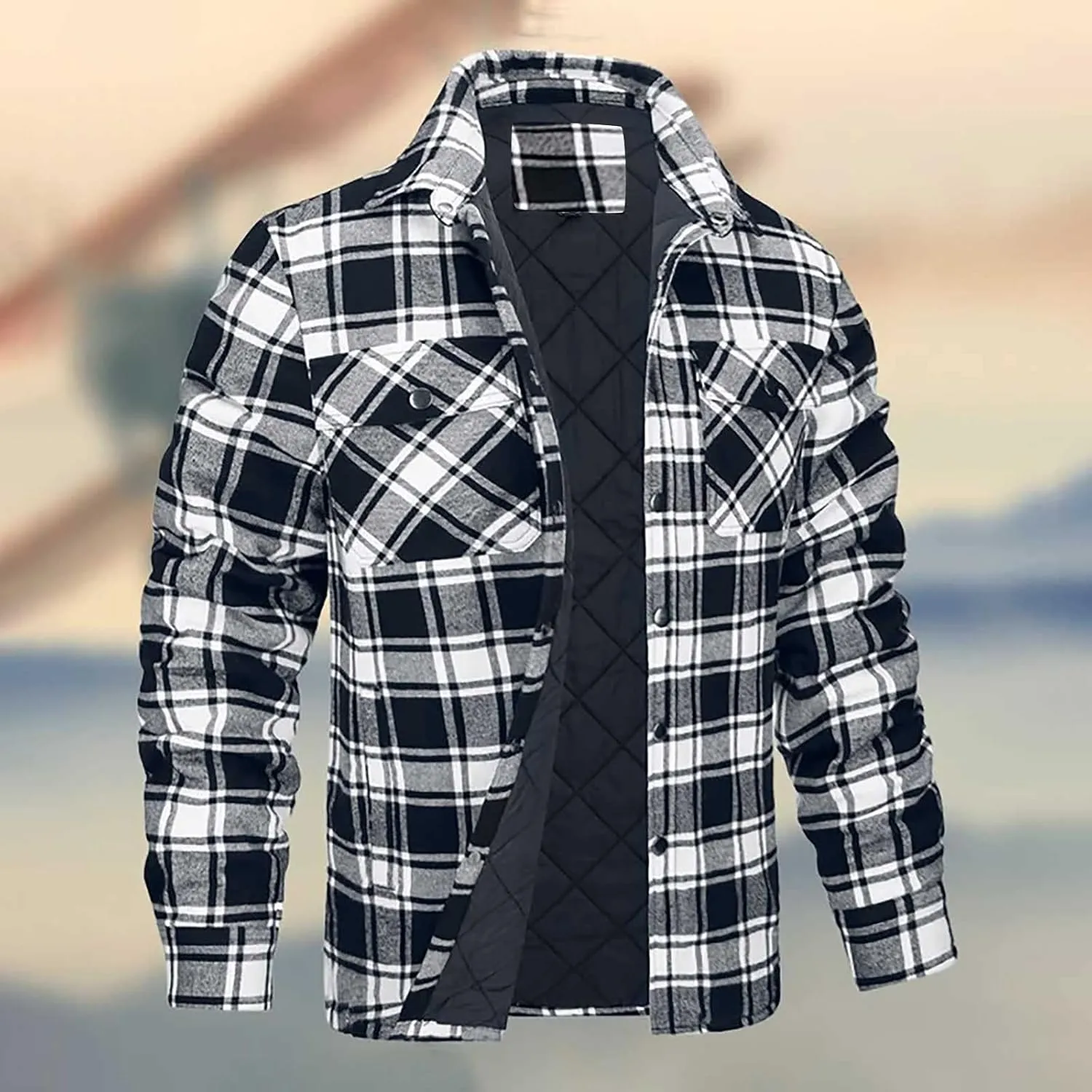 Mens Sherpa Lined Shacket Regular Fit Long Sleeve Plaid Shacket Coat Casual Long Sleeve Buttons Shirts Jackets