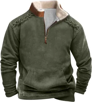 Men's Vintage Western Cowboy Zipper Sweatshirt Winter Warm Pullover 1/4 Zip Stand Collar Fit Casual Tactical Jacket