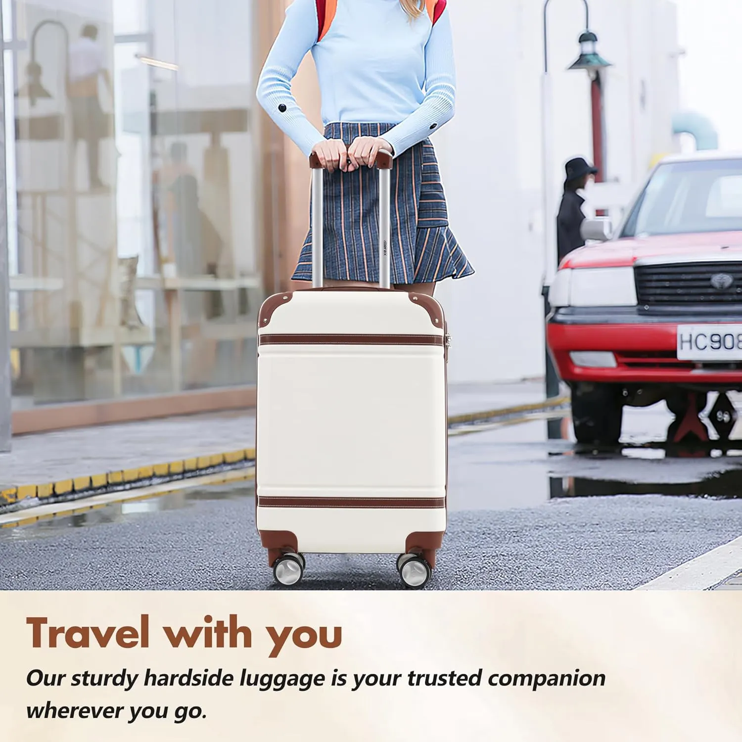 Merax 24 Inch Checked Luggage, Expandable Suitcase with Spinner Wheels, Hard Shell Vintage Luggage Set with TSA Lock(White)