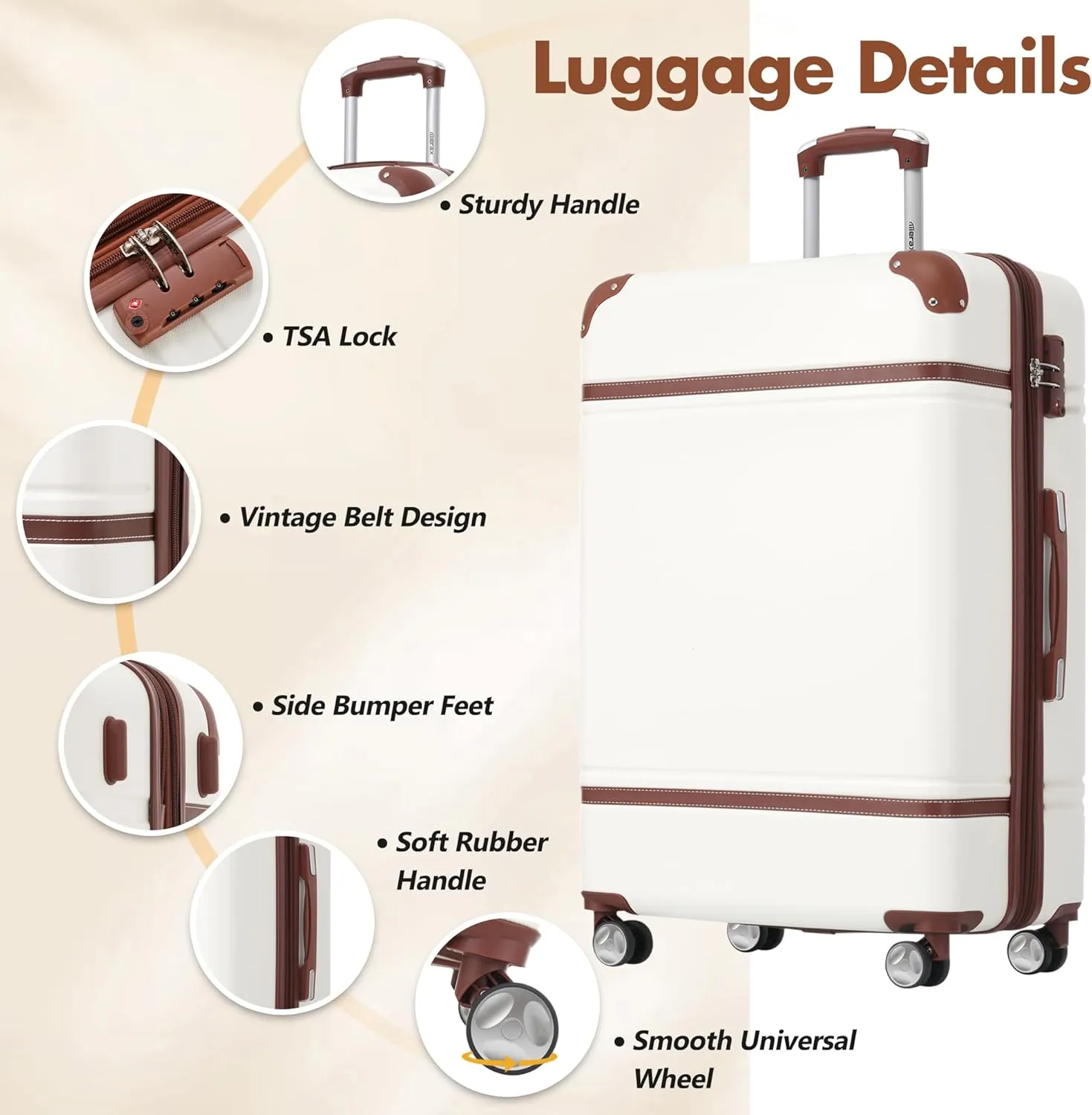 Merax 24 Inch Checked Luggage, Expandable Suitcase with Spinner Wheels, Hard Shell Vintage Luggage Set with TSA Lock(White)