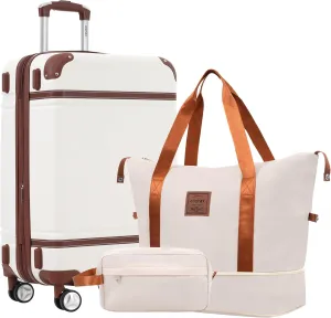 Merax 24 Inch Checked Luggage, Expandable Suitcase with Spinner Wheels, Hard Shell Vintage Luggage Set with TSA Lock(White)