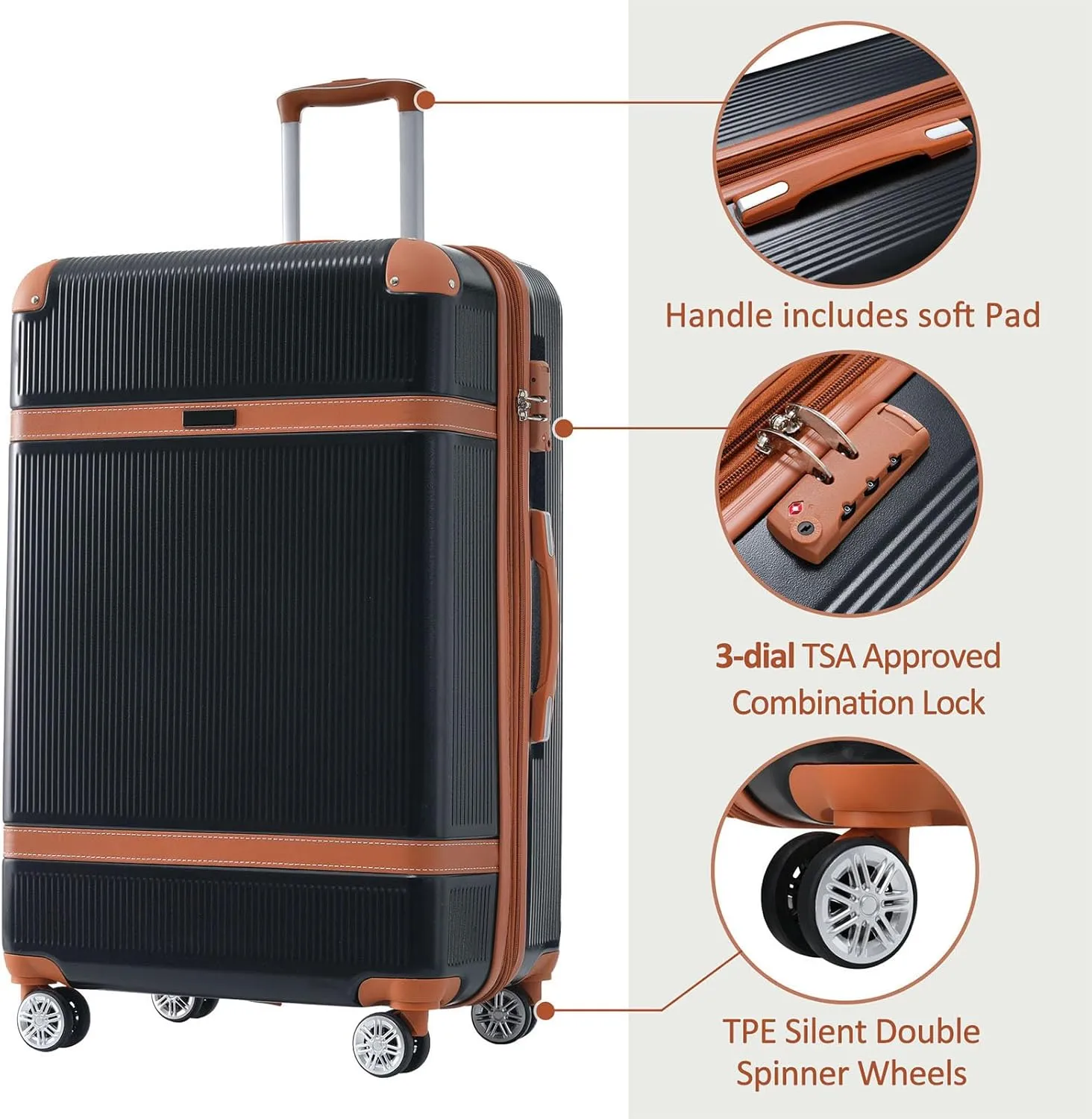 Merax 3 Piece Luggage Set, ABS Hardshell Suitcase with Spinner Wheels and TSA Lock, Lightweight Expandable Suitcase Set, 20” 24” 28”, Black