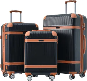 Merax 3 Piece Luggage Set, ABS Hardshell Suitcase with Spinner Wheels and TSA Lock, Lightweight Expandable Suitcase Set, 20” 24” 28”, Black