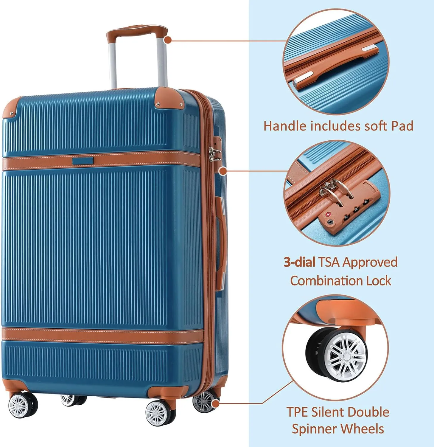 Merax 3 Piece Luggage Set, ABS Hardshell Suitcase with Spinner Wheels and TSA Lock, Lightweight Expandable Suitcase Set, 20” 24” 28”, Blue