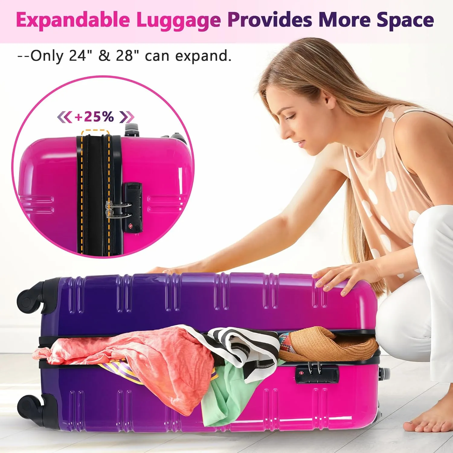 Merax 3 Piece Luggage Sets, Hardside Expandable Luggages Spinner Multicolor Suitcase with TSA Lock Lightweight Rolling Carry on Luggage 20inch 24inch 28inch,Hot Pink Purple