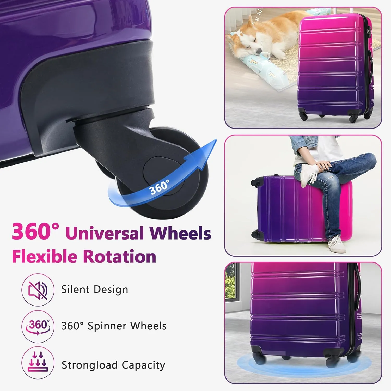 Merax 3 Piece Luggage Sets, Hardside Expandable Luggages Spinner Multicolor Suitcase with TSA Lock Lightweight Rolling Carry on Luggage 20inch 24inch 28inch,Hot Pink Purple