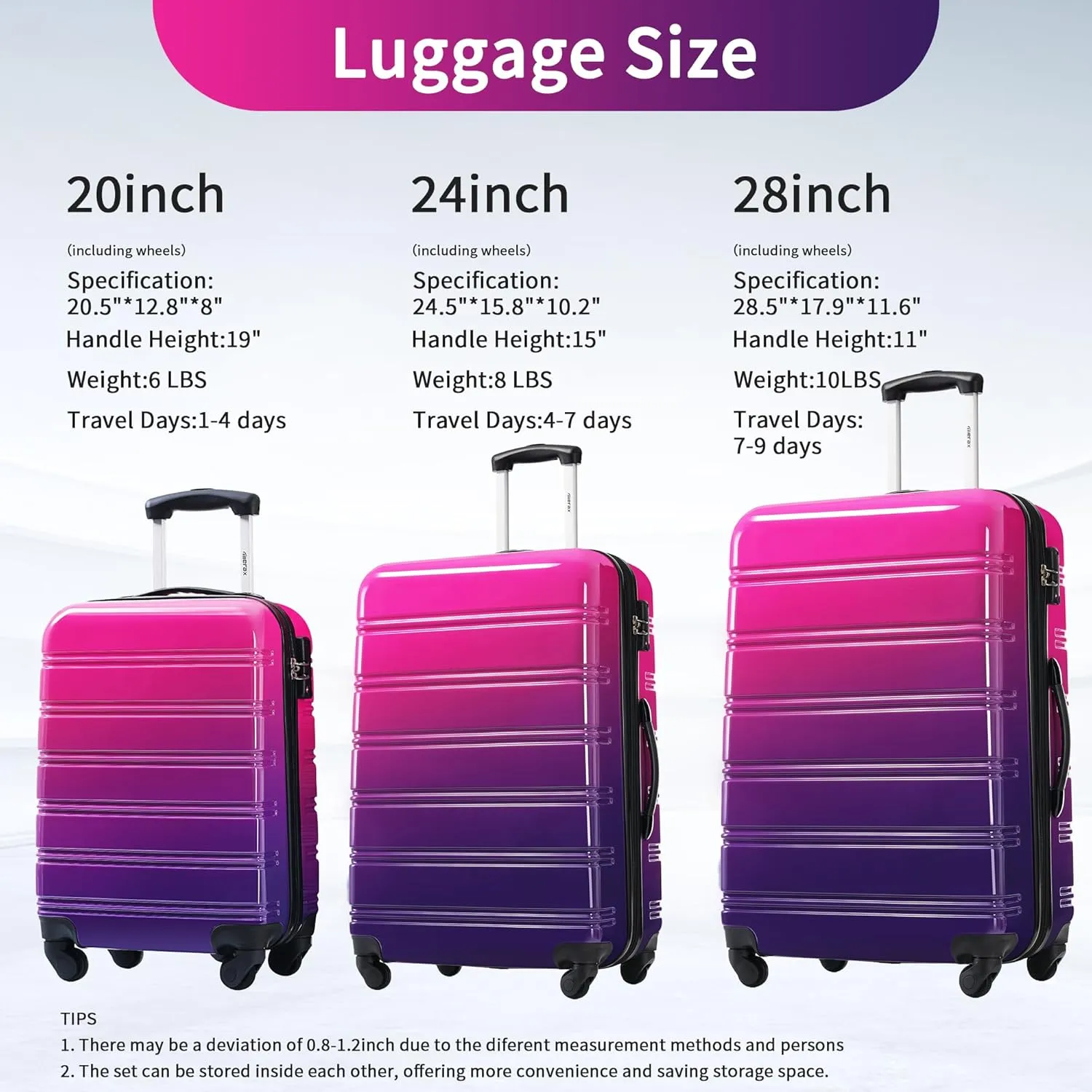 Merax 3 Piece Luggage Sets, Hardside Expandable Luggages Spinner Multicolor Suitcase with TSA Lock Lightweight Rolling Carry on Luggage 20inch 24inch 28inch,Hot Pink Purple