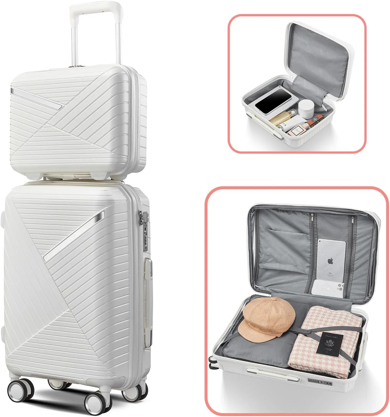Merax 4-Piece Expandable Luggage Set (14/20/24/28 Inch) Lightweight Hardshell Suitcase with 360° Silent Spinner Wheels, TSA Lock, Waterproof for Family Travel (White, 4-Piece Set)