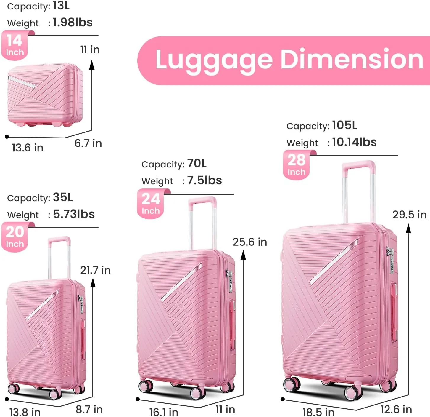 Merax 4-Piece Expandable Luggage Set (14/20/24/28 Inch) Lightweight Hardshell Suitcase with 360° Silent Spinner Wheels, TSA Lock, Waterproof for Family Travel (White, 4-Piece Set)